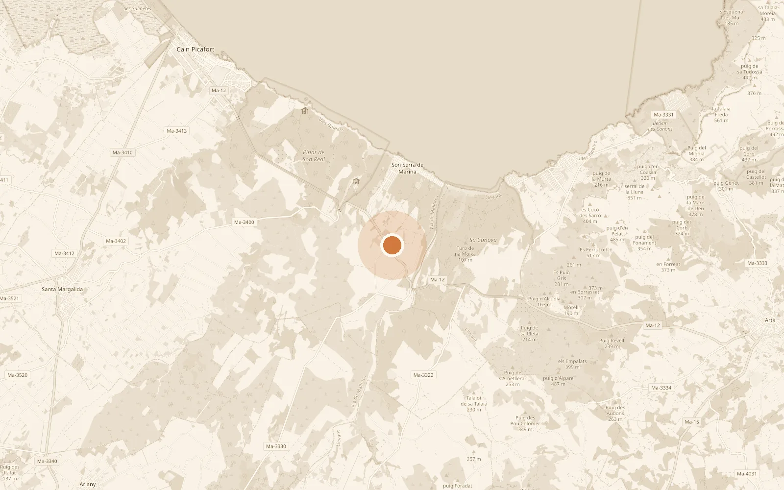 Mapa con la ubicación de Can Miraet entre Can Picafort y Son Serra de Marina